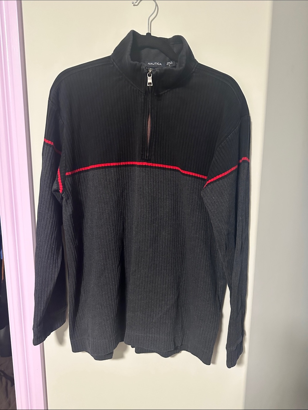 Nautica Men's Black Sweater with Red Accent Quarter-Zip